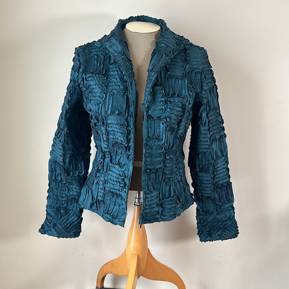 Samuel Dong Turquoise Jacket, SM, Unique Pieced Taffeta Design, Versatile Zip